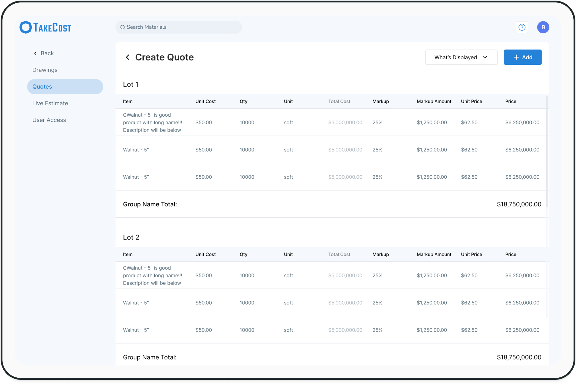 Professional dashboard on TakeCost for creating accurate project quotes efficiently.