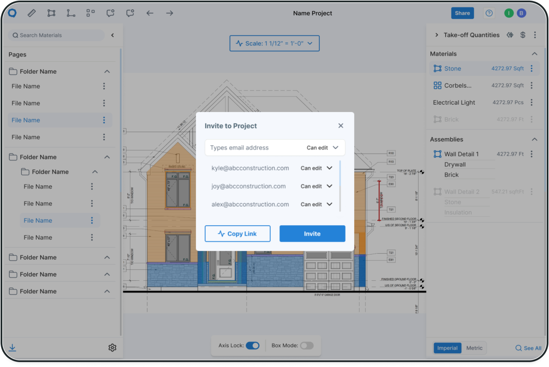 Dashboard on TakeCost showcasing team collaboration features and inviting teammates to projects.