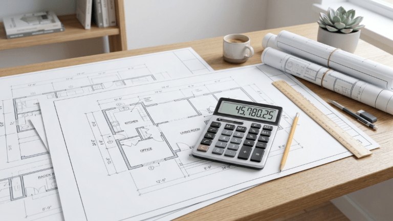 Architectural blueprints with a calculator representing construction estimating.