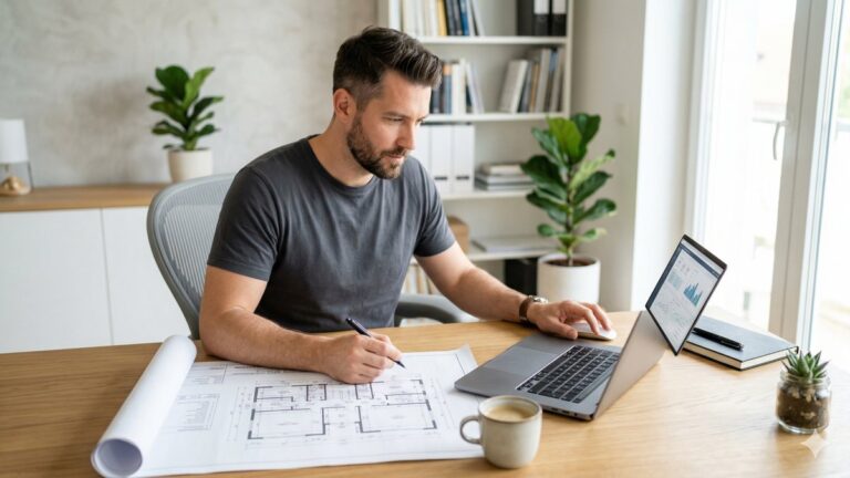 Man reviewing a construction project plan on a laptop.