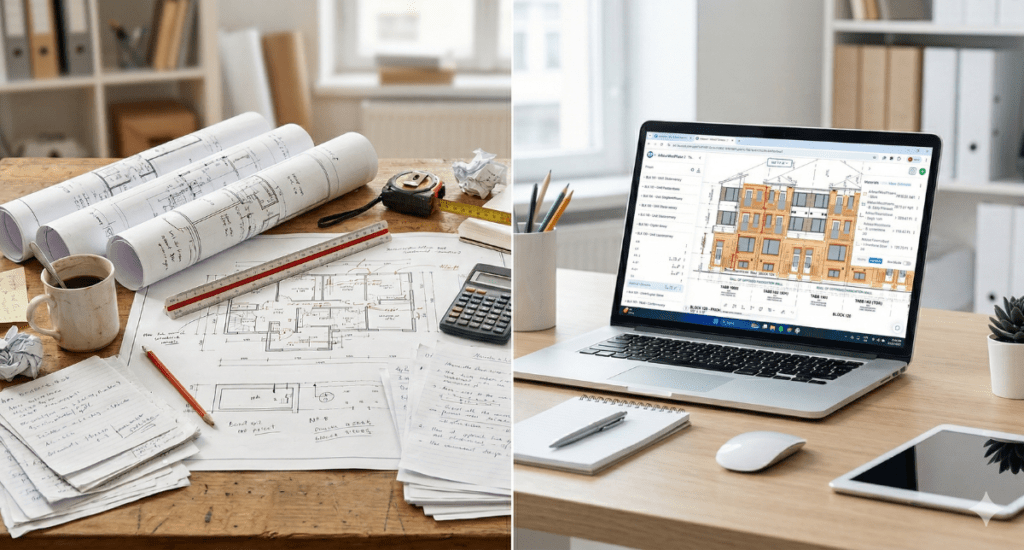 Comparison of manual and digital construction takeoffs showing paper blueprints and tools versus software-based plan measurement