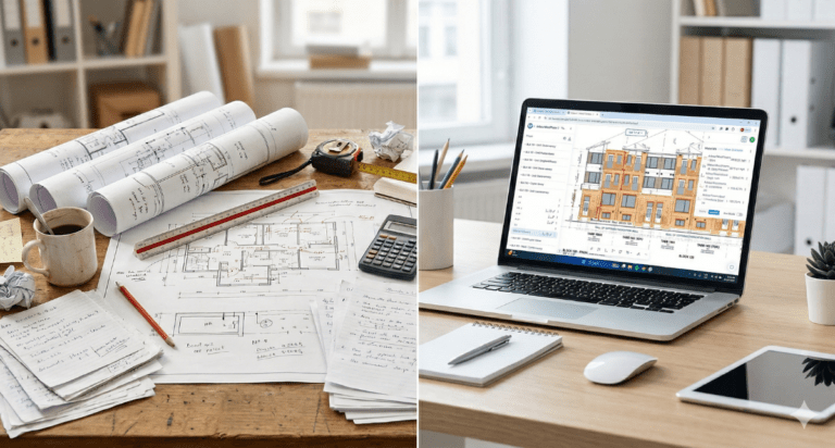 Comparison of manual and digital construction takeoffs showing paper blueprints and tools versus software-based plan measurement