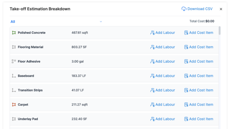 TakeCost take-off estimation breakdown showing materials, quantities, and labour costs.