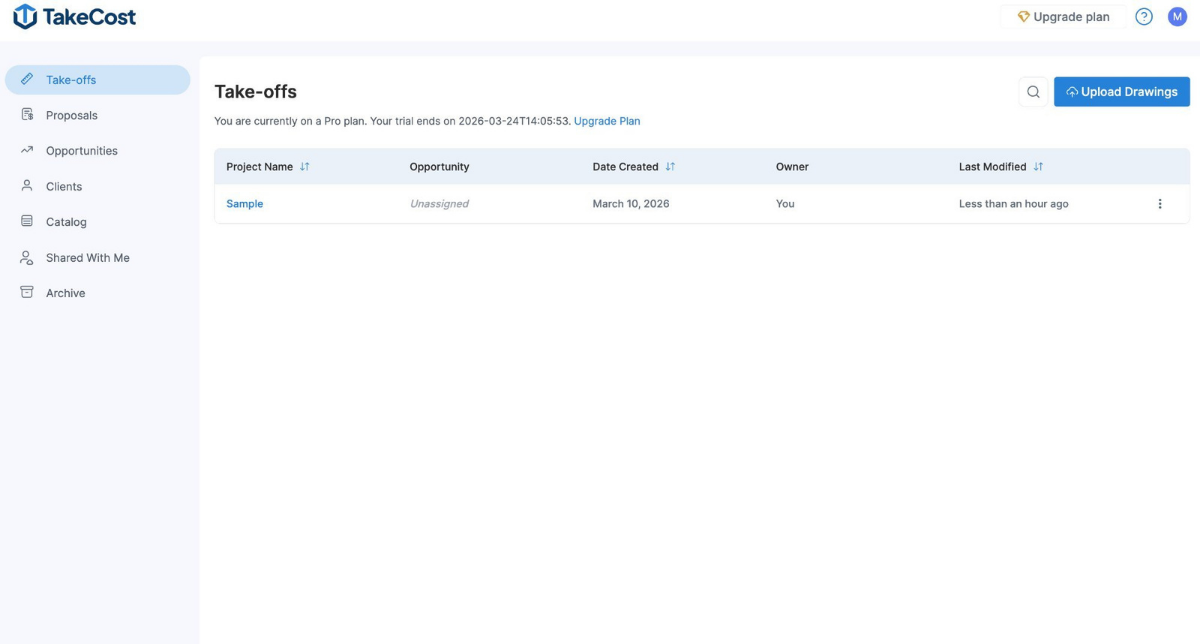 Construction takeoff software dashboard displaying project list, drawing uploads, and project management features