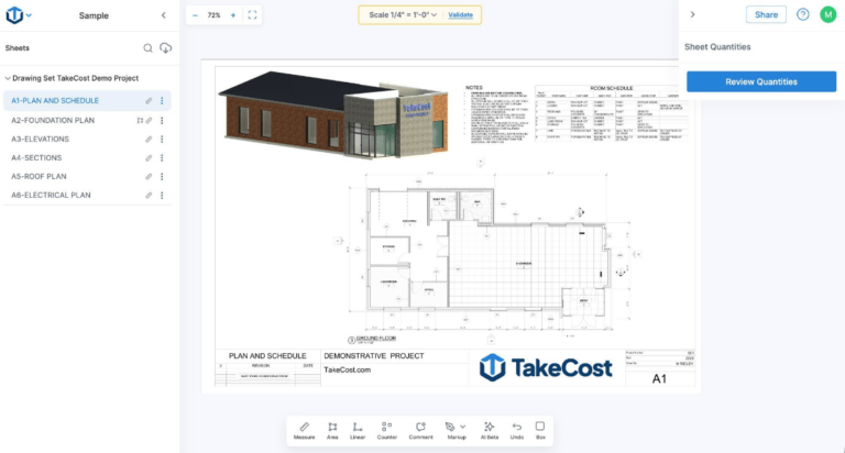 akeCost construction takeoff software interface with floor plan measurement tools, sheet list, and quantity breakdown panel