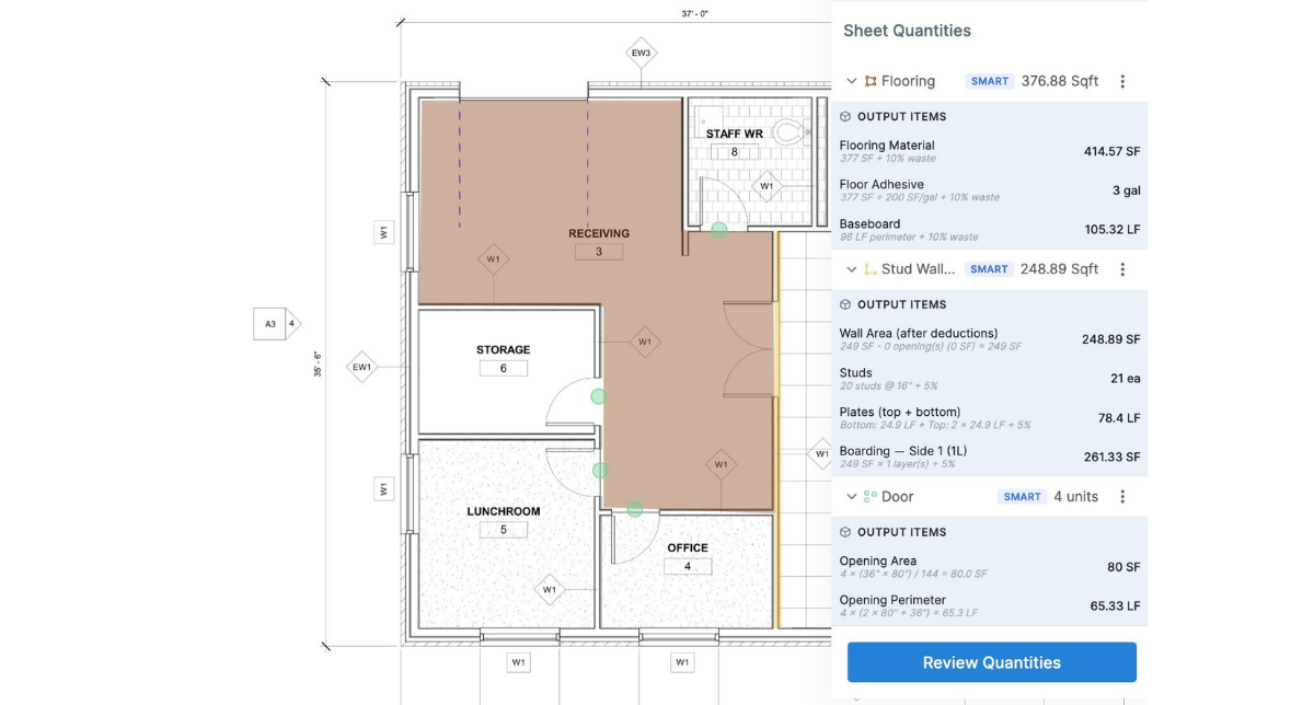 Construction takeoff example showing measured floor plan with automatically calculated quantities for flooring, walls, and doors.