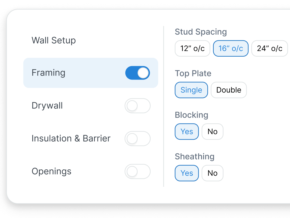 TakeCost smart logic modal showing wall identity, interior wall layers, and corner bead options