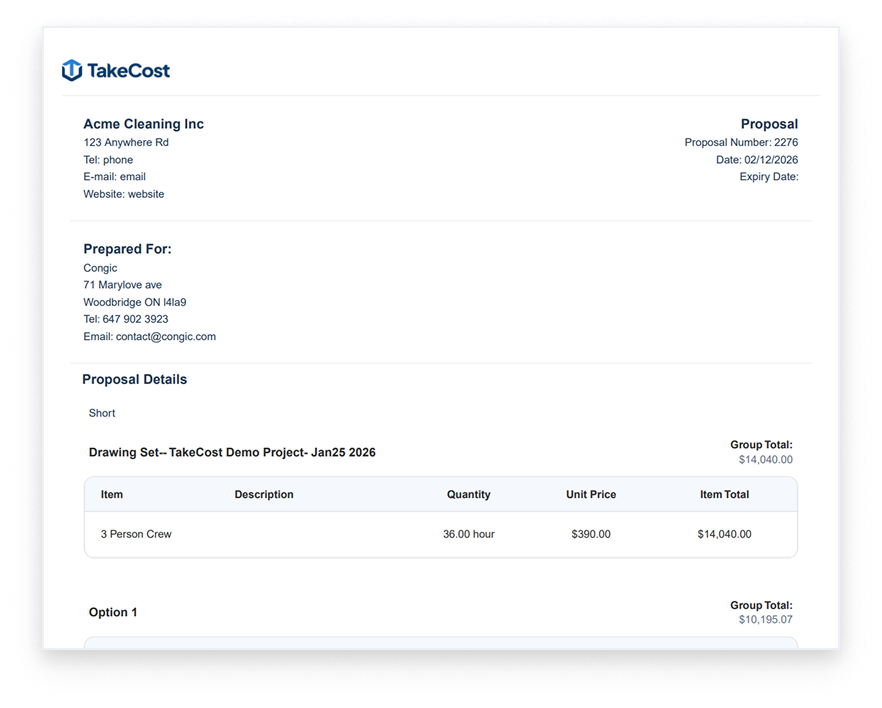 Construction proposal generated in TakeCost showing estimate breakdown, pricing, and totals