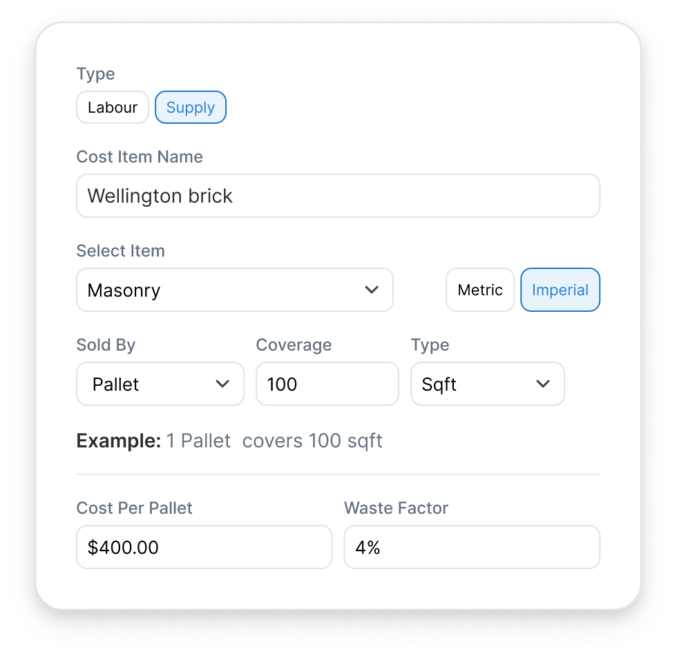 TakeCost estimate builder showing cost item setup with pricing, coverage, and waste factor for construction materials