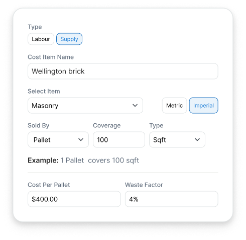 TakeCost estimate builder showing cost item setup with pricing, coverage, and waste factor for construction materials