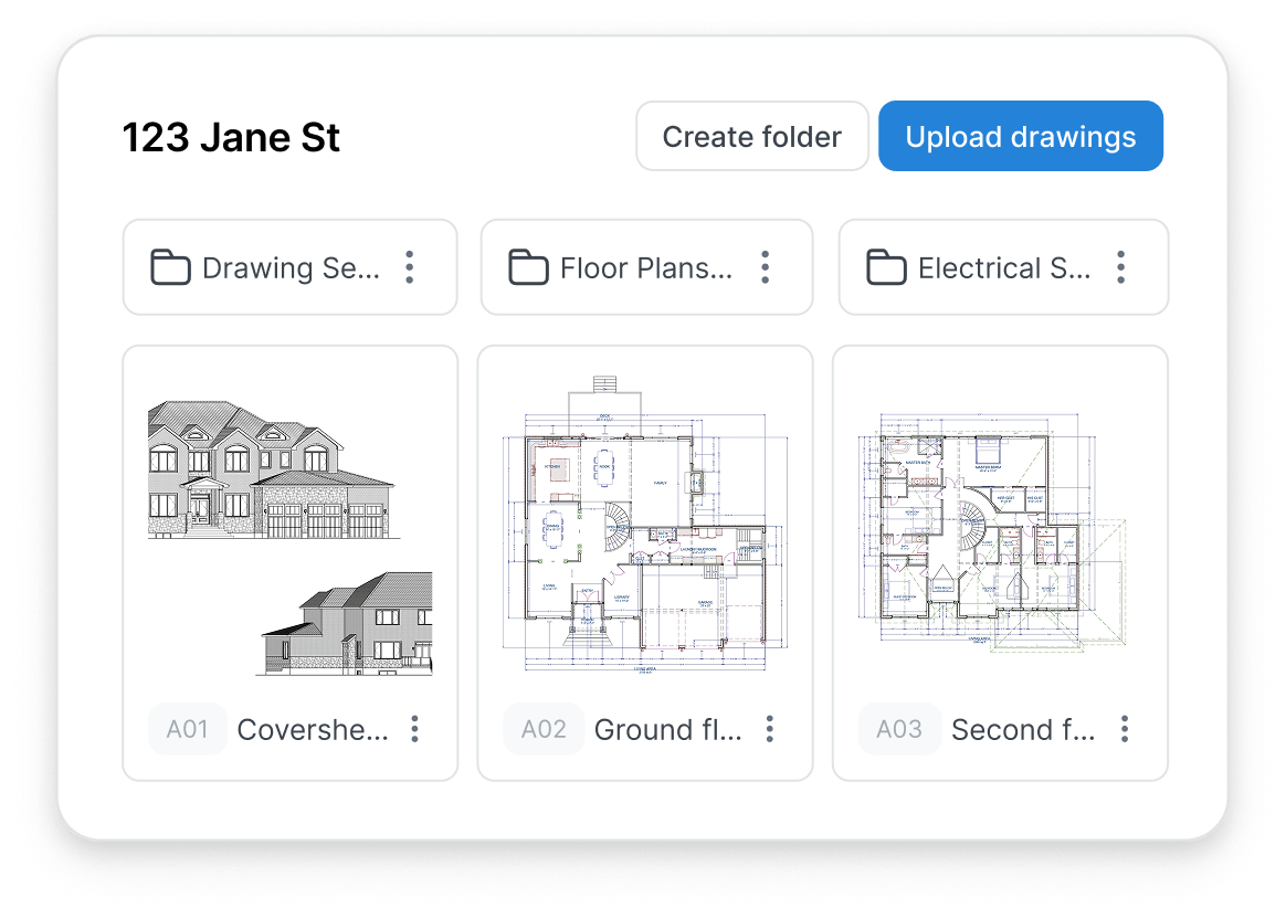 TakeCost project organization showing folders and uploaded construction drawings for takeoff