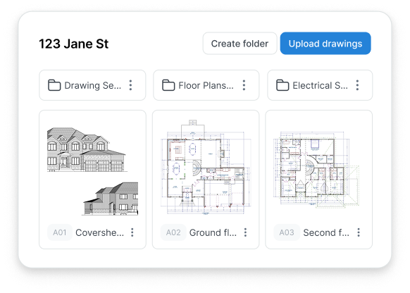 TakeCost project organization showing folders and uploaded construction drawings for takeoff