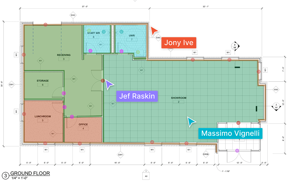 Real-time collaboration in TakeCost with multiple users reviewing and annotating construction drawings.