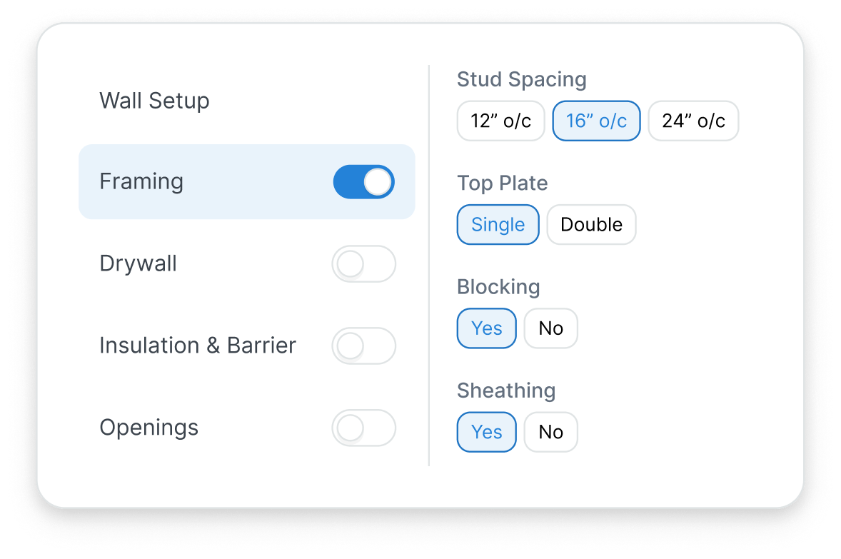 TakeCost Smart Scopes showing wall assembly settings for framing, drywall, insulation, and stud spacing