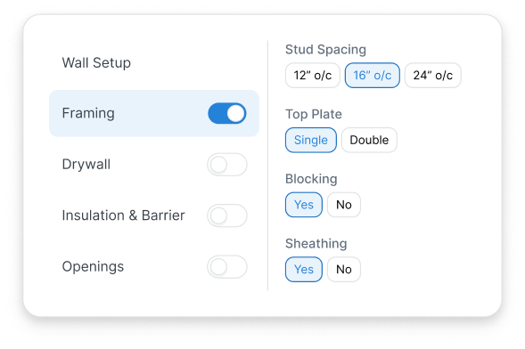 TakeCost Smart Scopes showing wall assembly settings for framing, drywall, insulation, and stud spacing