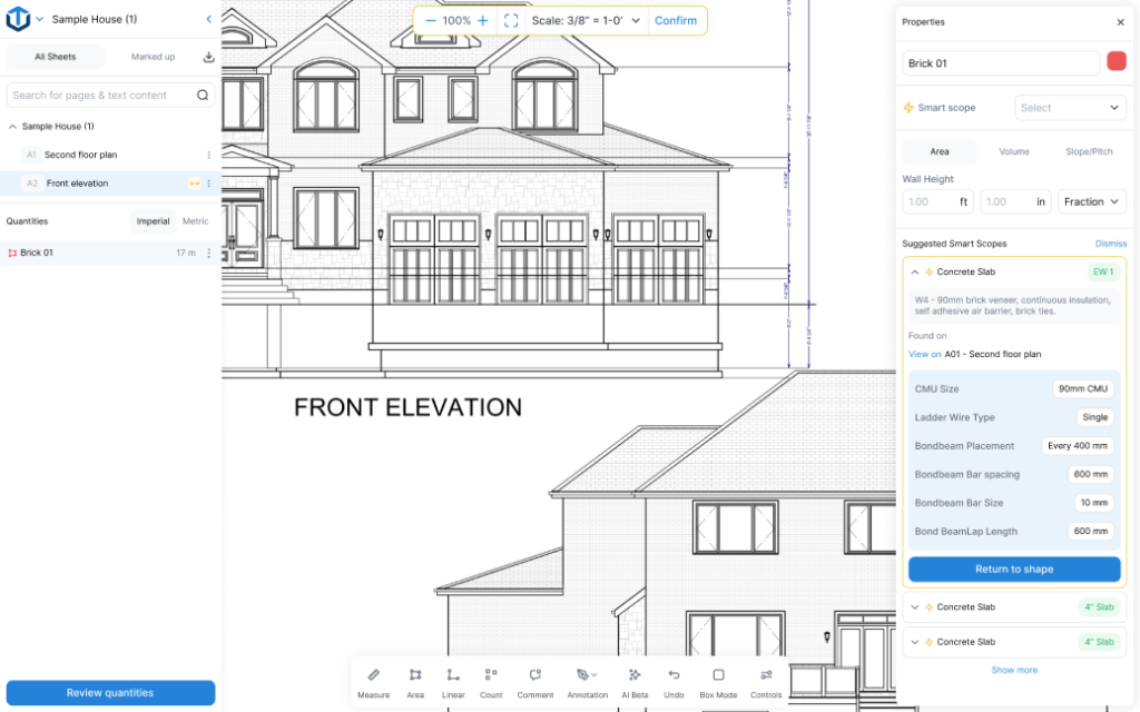 Construction takeoff in TakeCost showing measurement on plans with smart scope and quantity generation