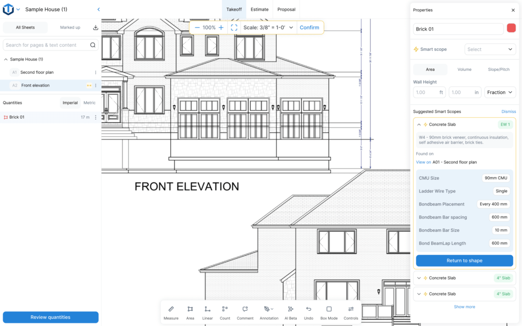 Construction takeoff in TakeCost showing measurement on plans with smart scope and quantity generation
