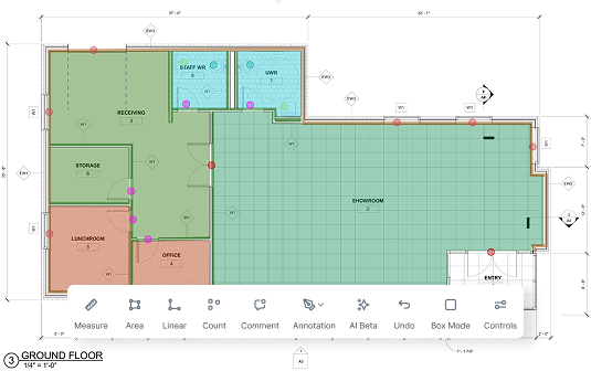 Construction takeoff tools in TakeCost showing area, linear, and count measurements on a floor plan