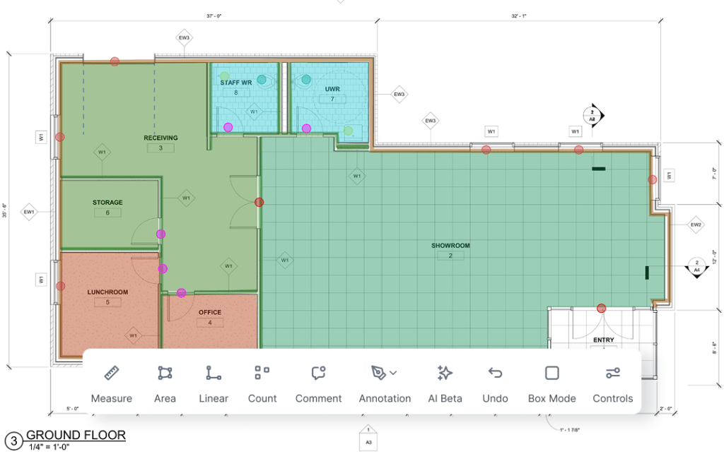 TakeCost takeoff tools toolbar showing measure, area, linear, count, annotation, AI tools, and box mode.