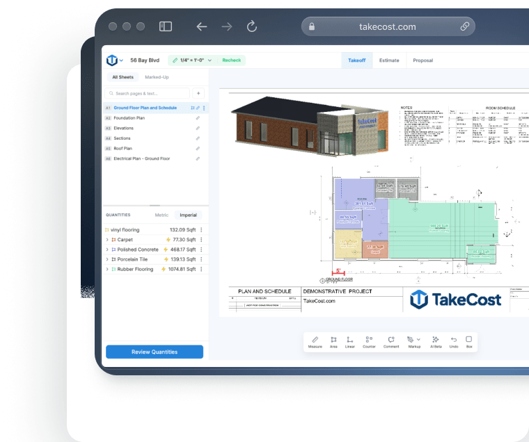 TakeCost construction takeoff screen showing plans, marked areas and measured quantities