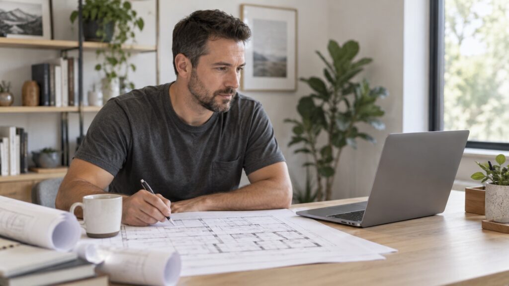 A contractor at his desk reviewing construction floor plans with a laptop beside him