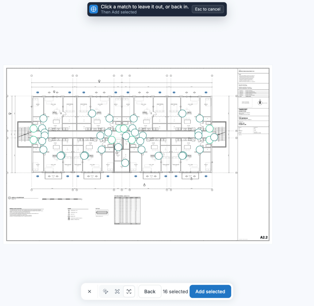A floor plan with every window tag found by text, and Add selected on the Count bar