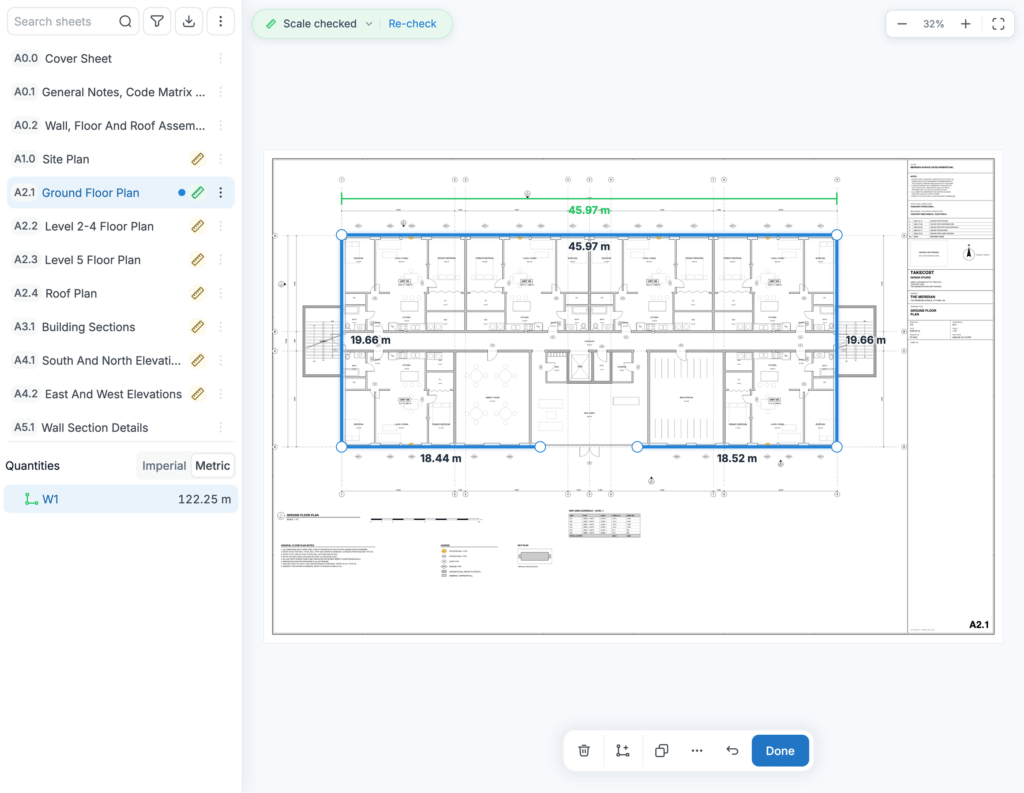 The outside wall traced round a floor plan, each run labelled with its length, and the total in Quantities