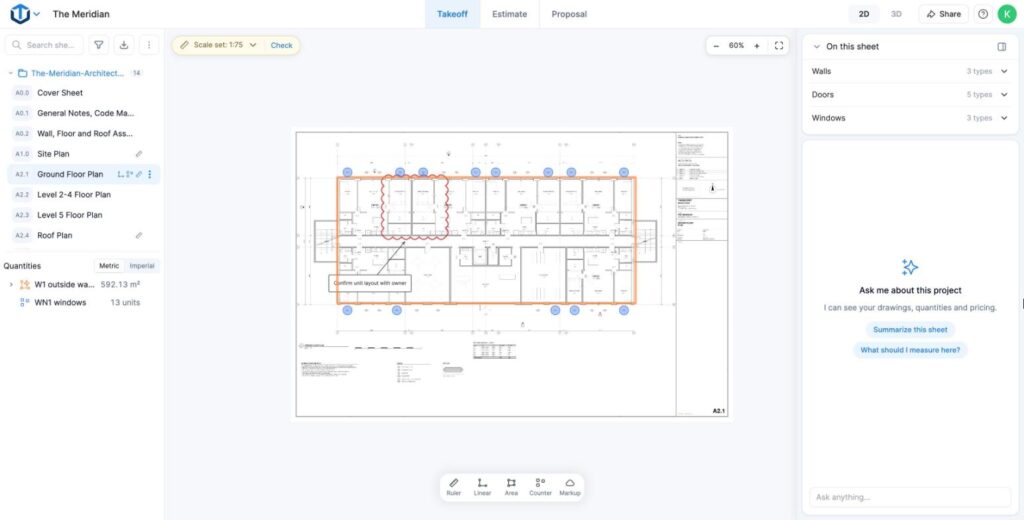 TakeCost Takeoff tab on The Meridian ground floor plan A2.1: the W1 outside wall measured in orange, 13 WN1 windows counted, the sheet list on the left and On this sheet on the right