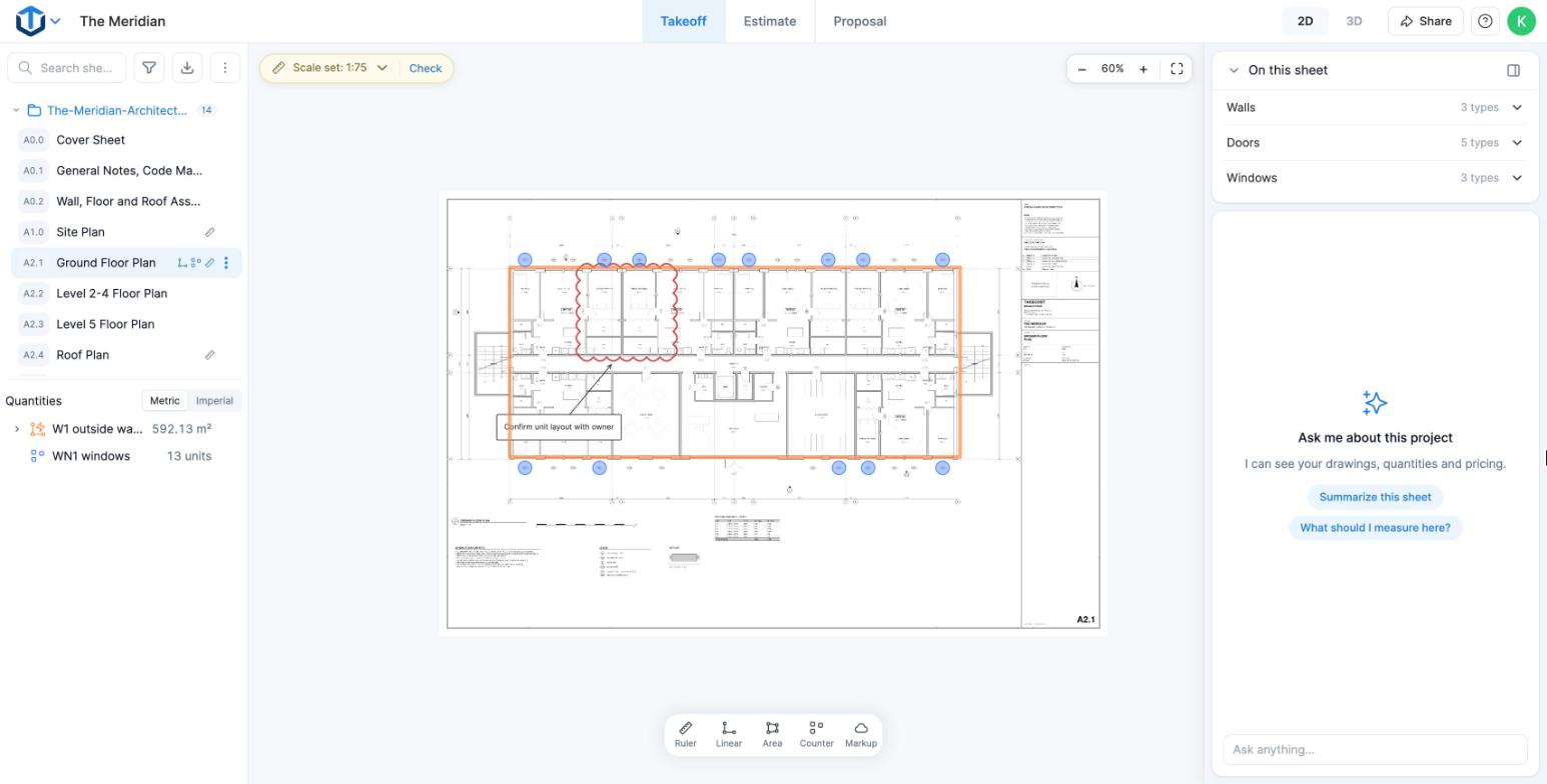 A construction takeoff in TakeCost: an outside wall measured and windows counted on a ground floor plan