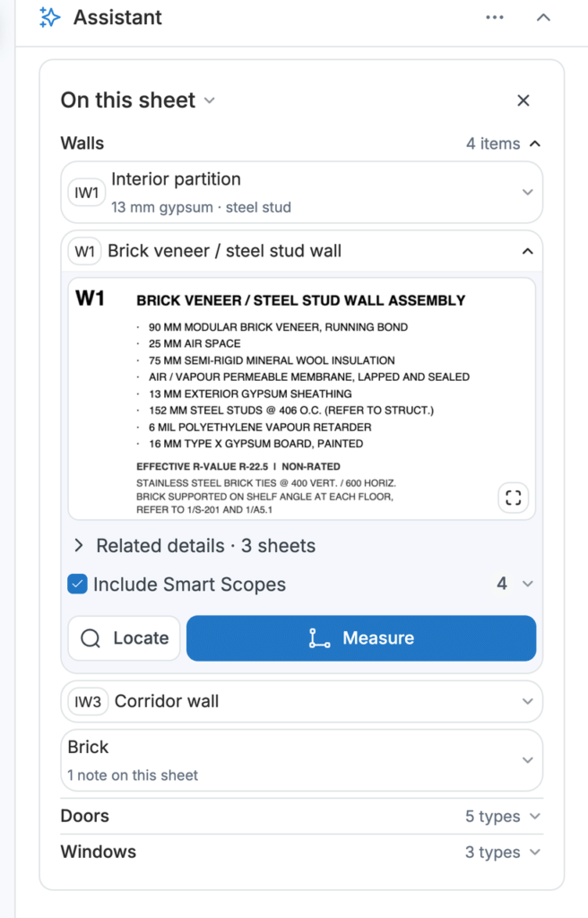 A wall type opened under Walls in On this sheet, with its wall assembly drawing, Related details, Locate and Measure