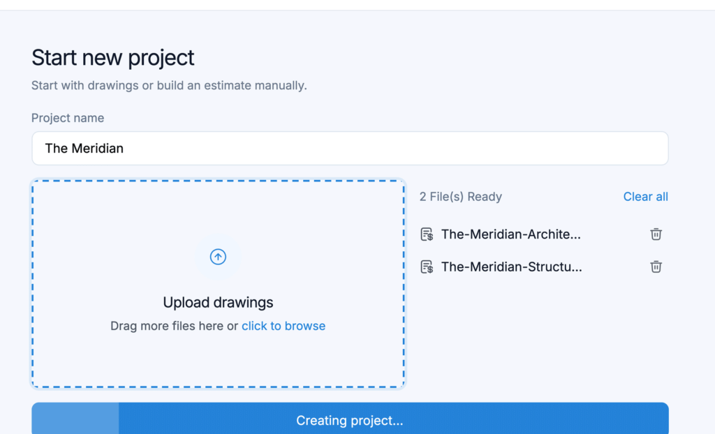 The Start new project screen with a project name, two drawing PDFs ready, and Create project