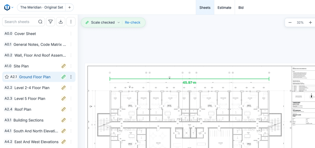 The green Scale checked label, the green ruler beside the floor plan, and the check line across a printed dimension