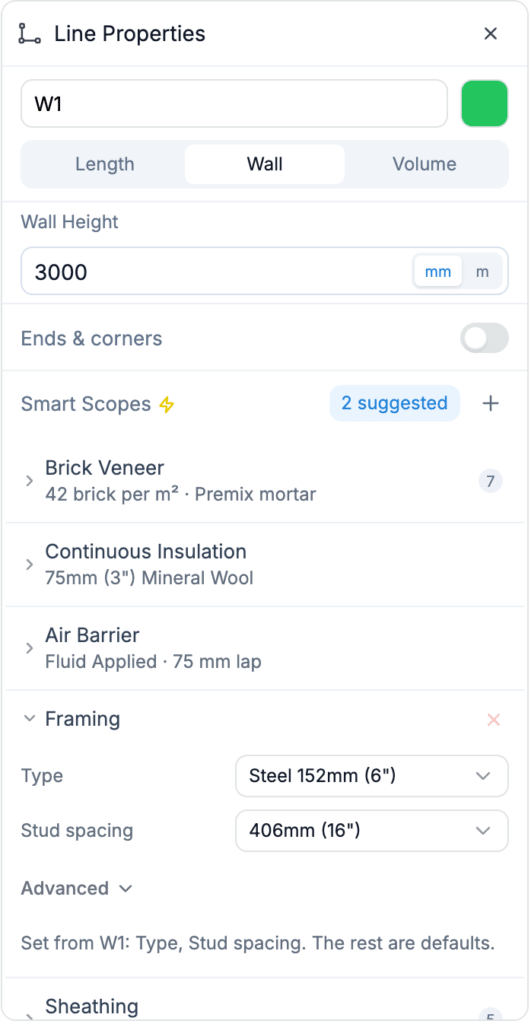 The Framing Smart Scope open in Line Properties with its stud type, stud spacing and Advanced settings